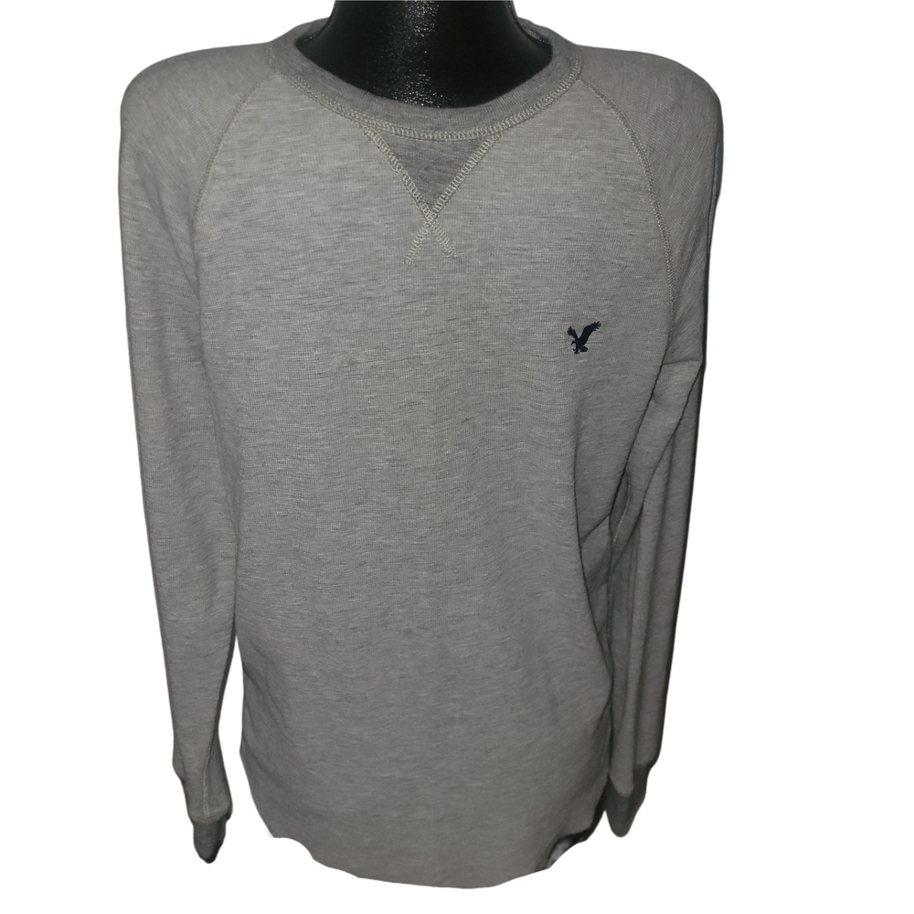 American Eagle Heritage Gray Crew Neck Waffle Knit Long Sleeve Top Size L